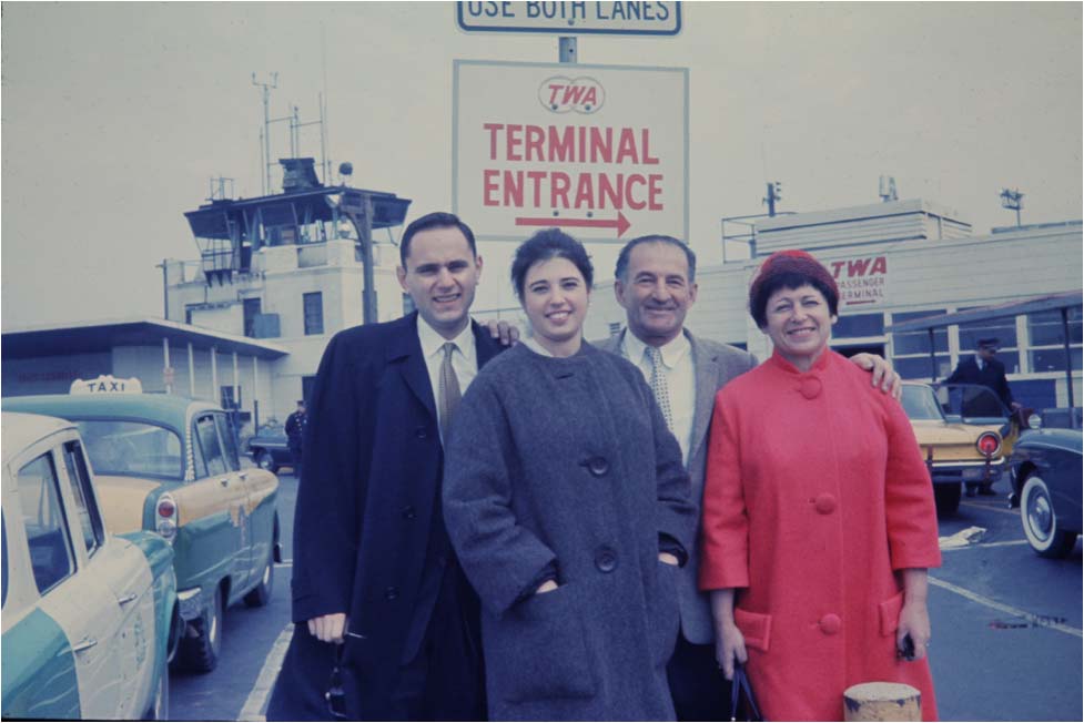 Marty and Judy with Judy’s parents, Nathan and Jeane Stockheim, JFK airport, 1962